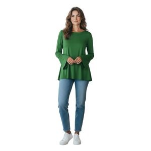 Eileen Fisher Green Long Sleeve Top Bell Cuff Tunic‎ Scoop Neck Relaxed Fit XS